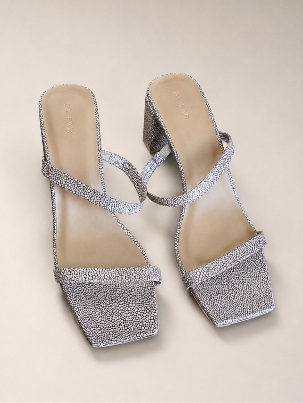NEW By Far Tanya Leather Strappy Square-Toe Block Heel Sandals Mule in Taupe 39